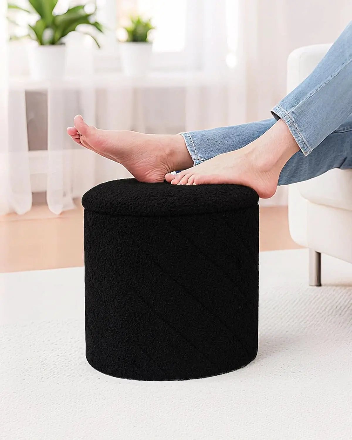 Luxurious Black Boucle Storage Ottoman 12 In Diameter Tray from PriceLows™