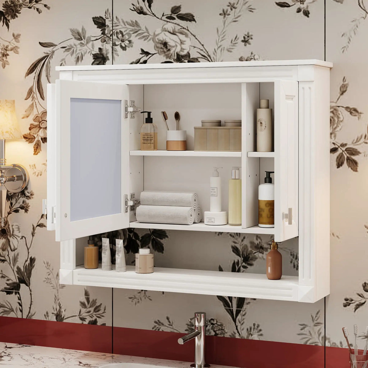 White Wall-Mounted Bathroom Cabinet | Mirror | Open Shelf | 35 Inch Width