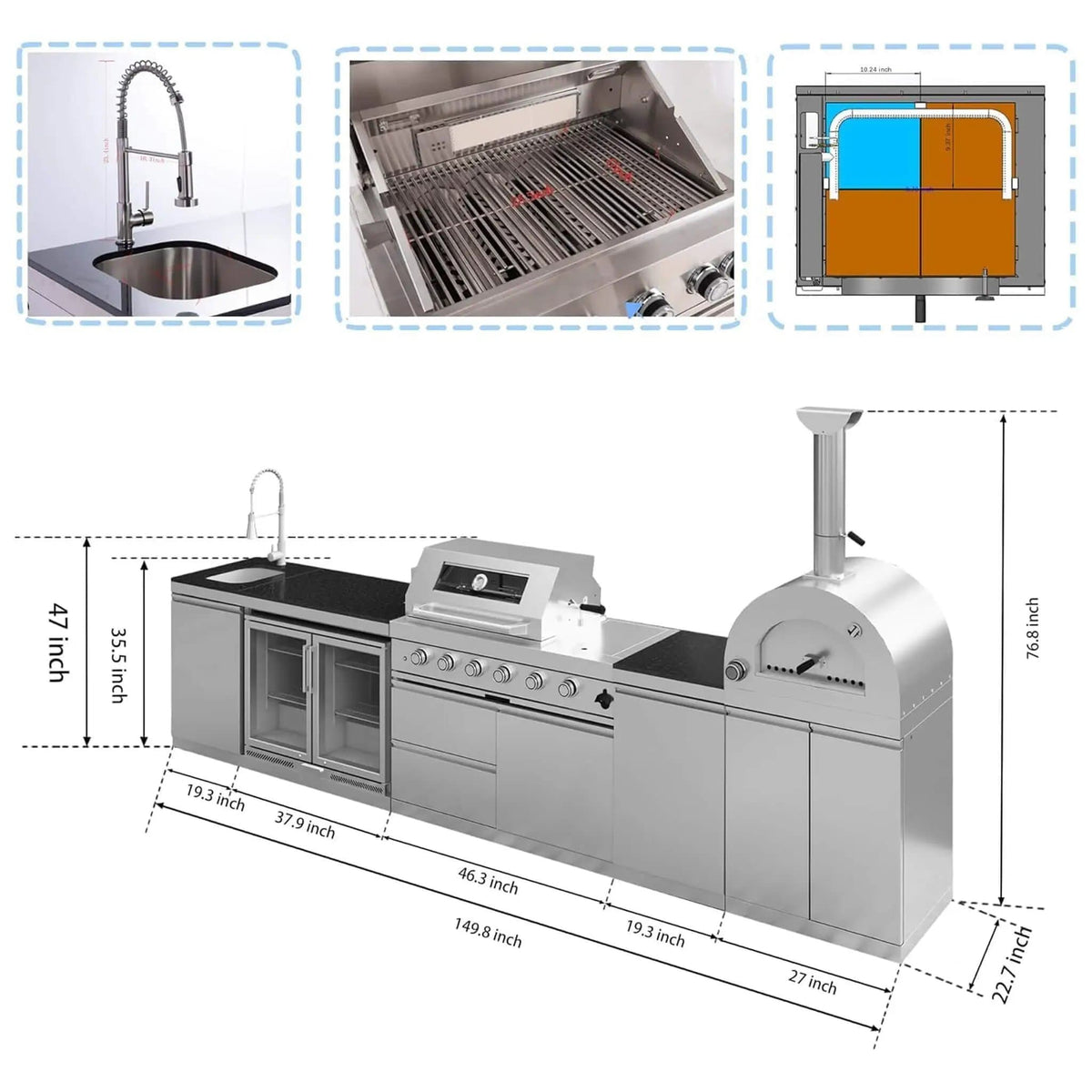 150 Inch 4 Burner 108K BTU Outdoor Kitchen Island With Pizza Oven, Rotisserie | 150 Inch | 4-Burner | Dining Room