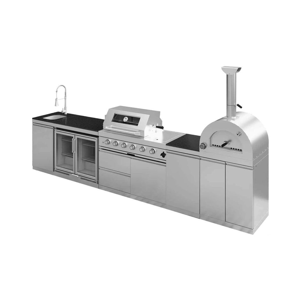 150 Inch 4 Burner 108K BTU Outdoor Kitchen Island With Pizza Oven, Rotisserie | 150 Inch | 4-Burner | Dining Room