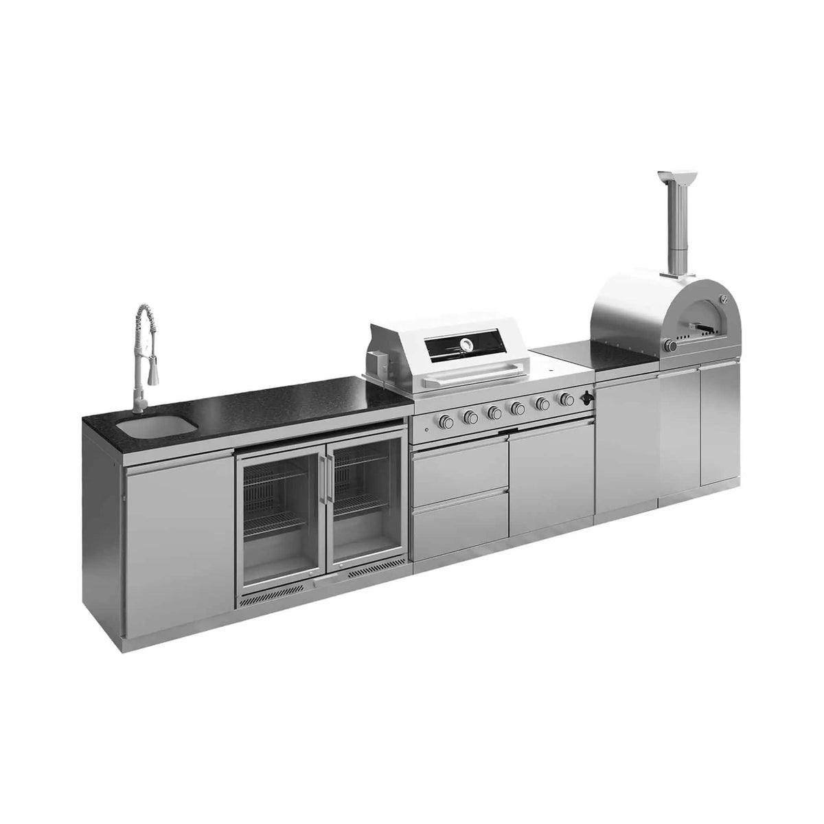 150 Inch 4 Burner 108K BTU Outdoor Kitchen Island With Pizza Oven, Rotisserie | 150 Inch | 4-Burner | Dining Room
