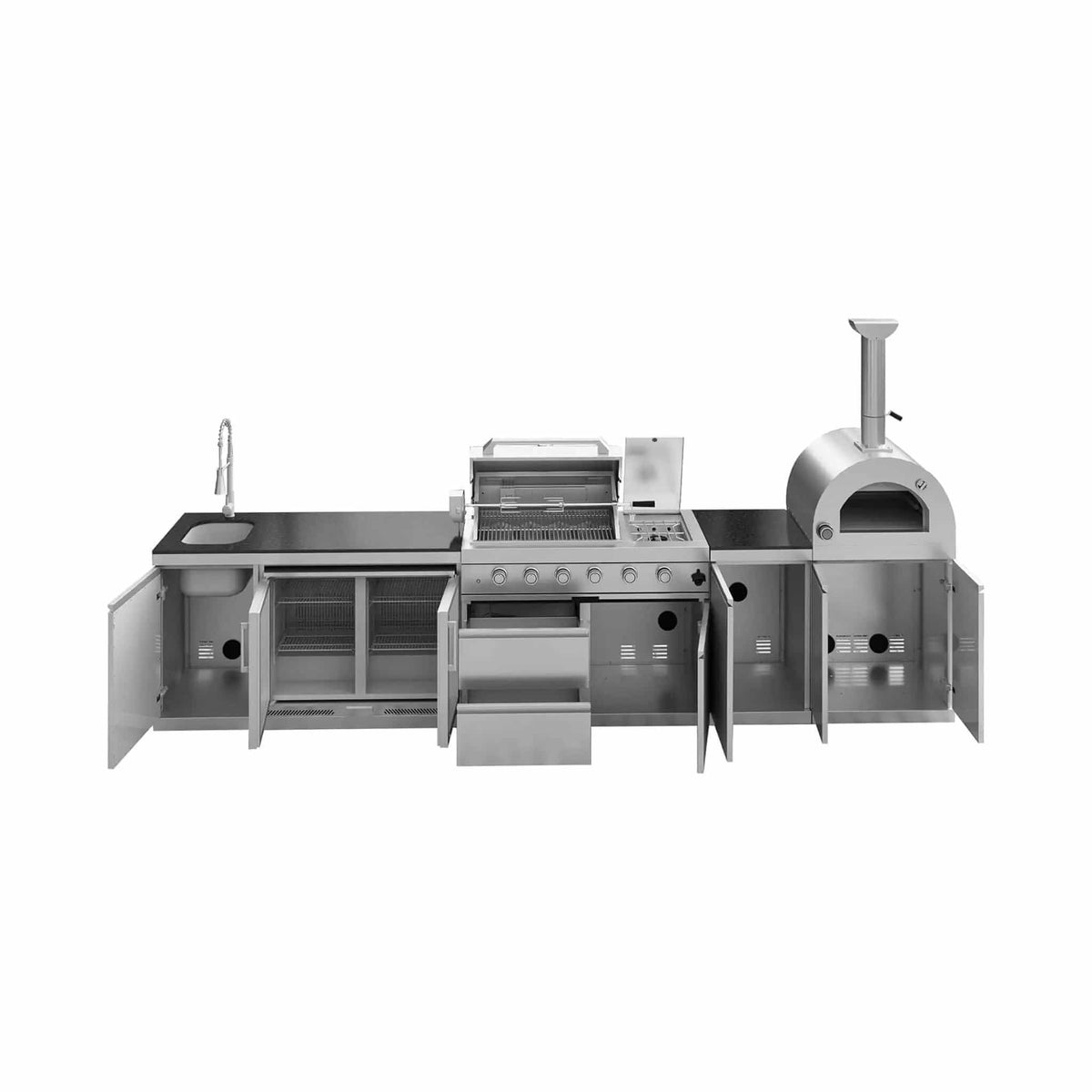 150 Inch 4 Burner 108K BTU Outdoor Kitchen Island With Pizza Oven, Rotisserie | 150 Inch | 4-Burner | Dining Room