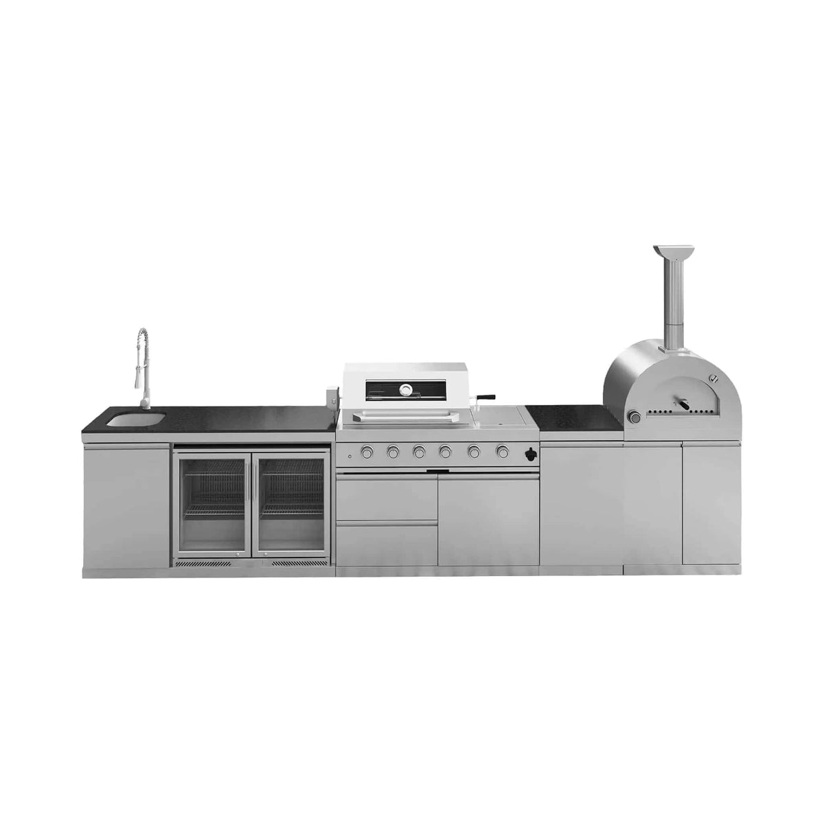 150 Inch 4 Burner 108K BTU Outdoor Kitchen Island With Pizza Oven, Rotisserie | 150 Inch | 4-Burner | Dining Room