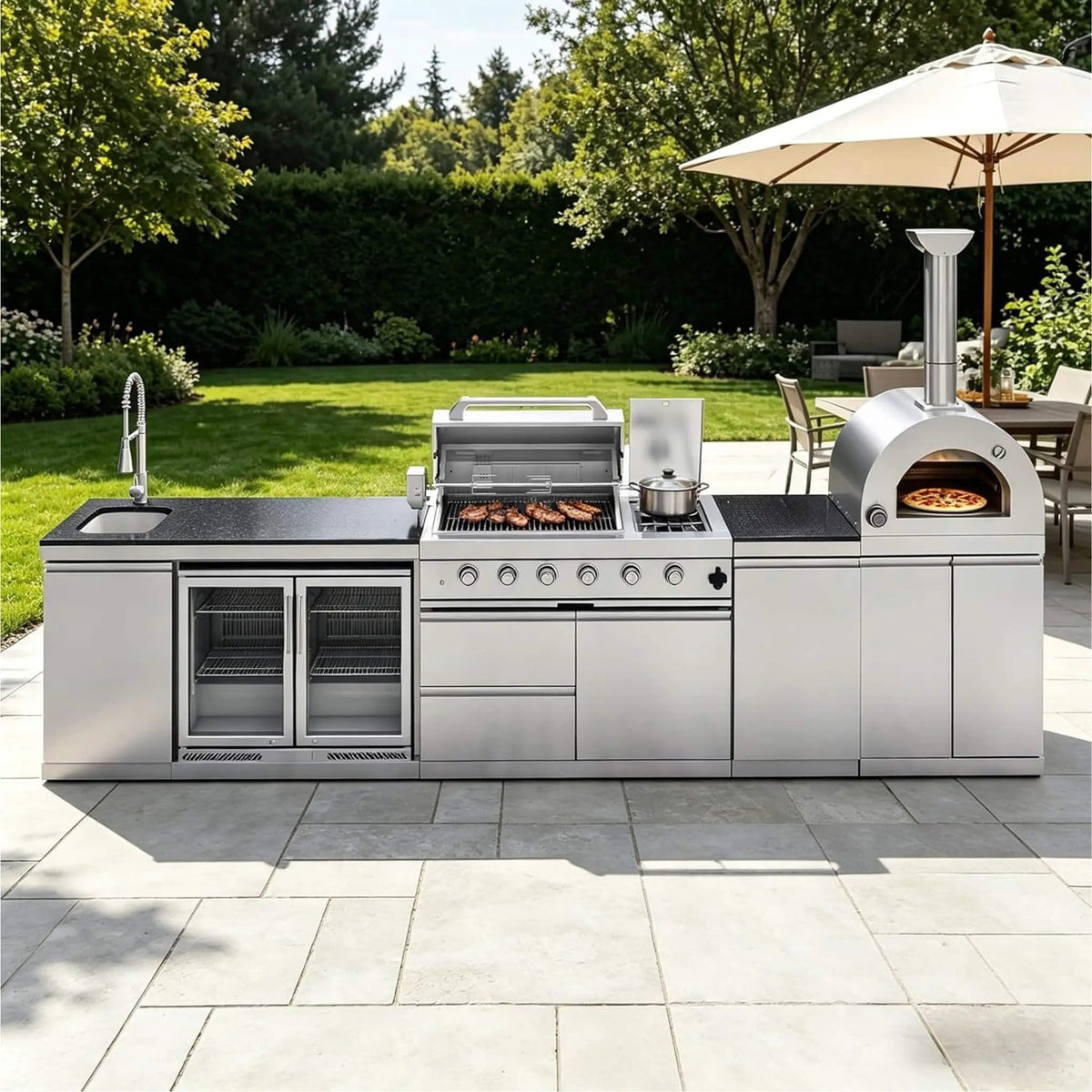 150 Inch 4 Burner 108K BTU Outdoor Kitchen Island With Pizza Oven, Rotisserie | 150 Inch | 4-Burner | Dining Room