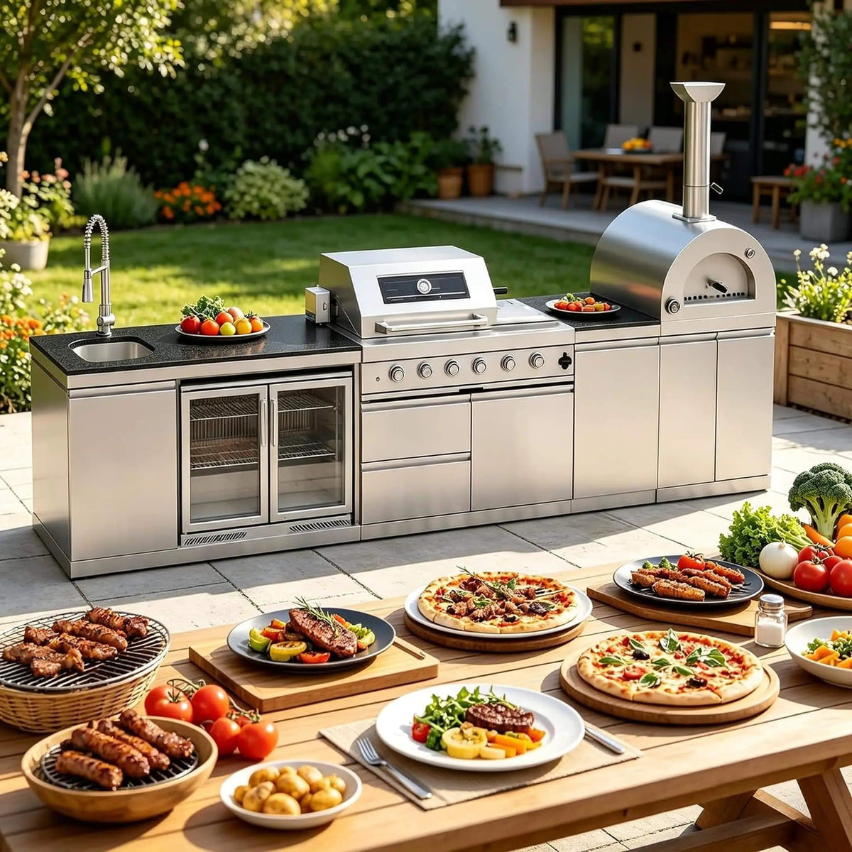 150 Inch 4 Burner 108K BTU Outdoor Kitchen Island With Pizza Oven, Rotisserie | 150 Inch | 4-Burner | Dining Room