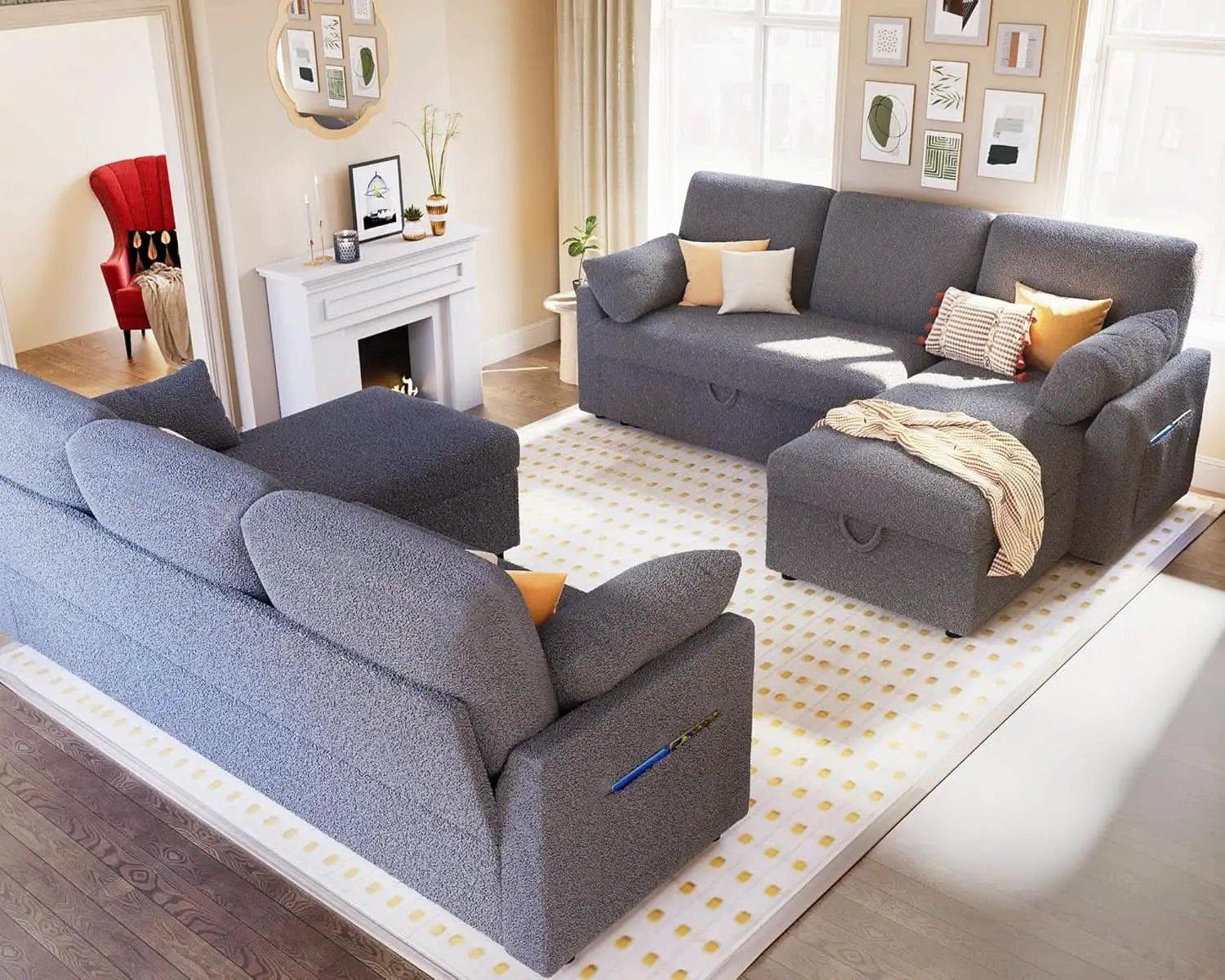 Grey Boucle Upholstered Convertible Sofa Bed Storage from PriceLows™