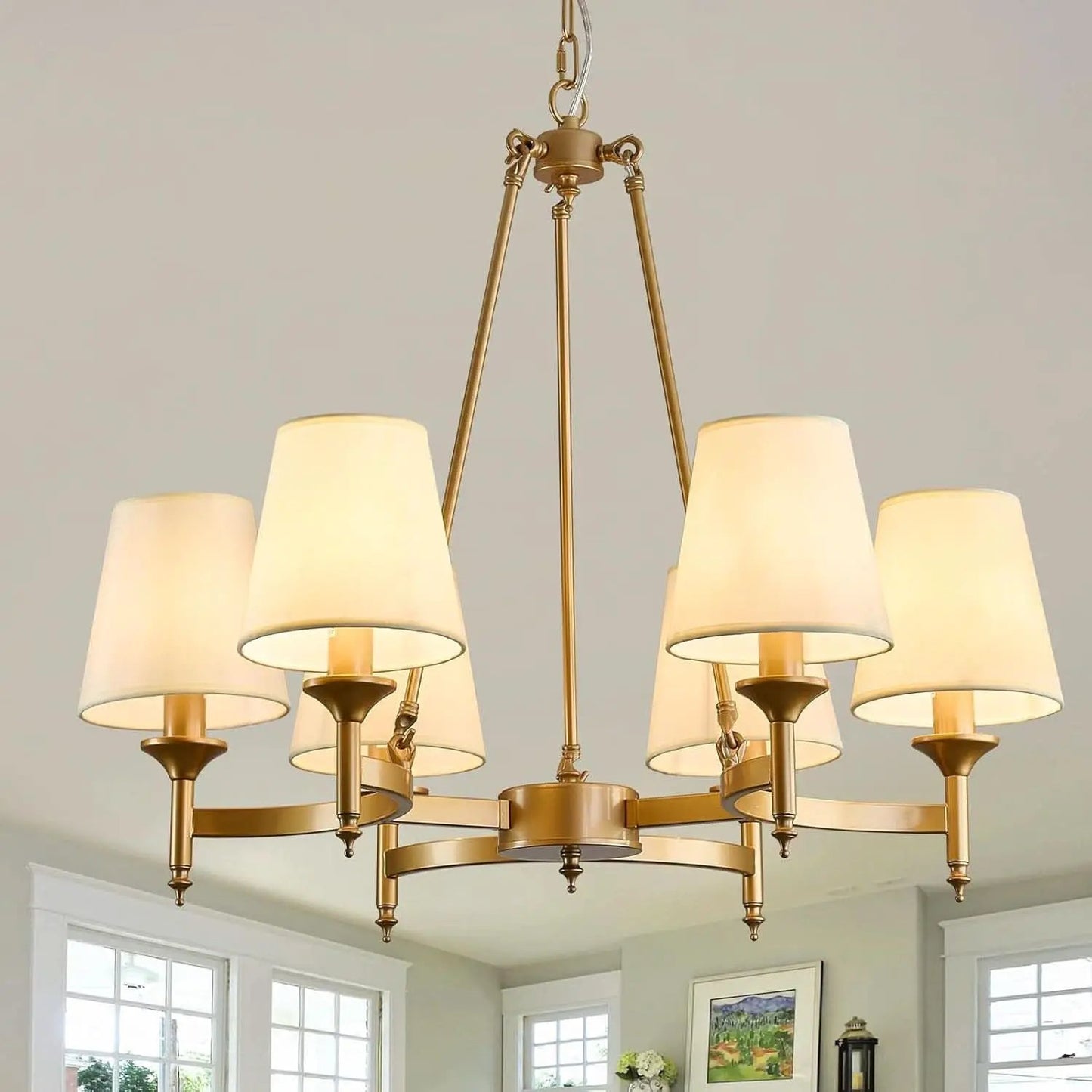 Gold Wagon Wheel Chandelier With White Linen Shade 6 Light from PriceLows™
