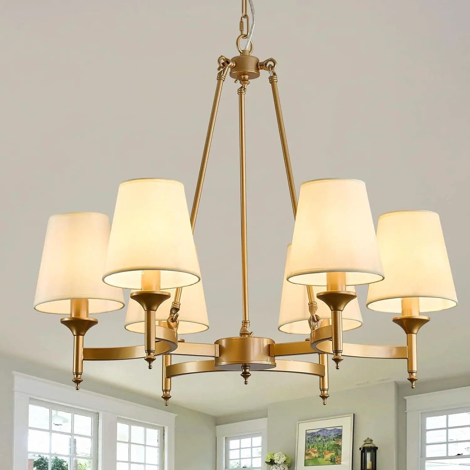 Gold Wagon Wheel Chandelier With White Linen Shade 6 Light from PriceLows™