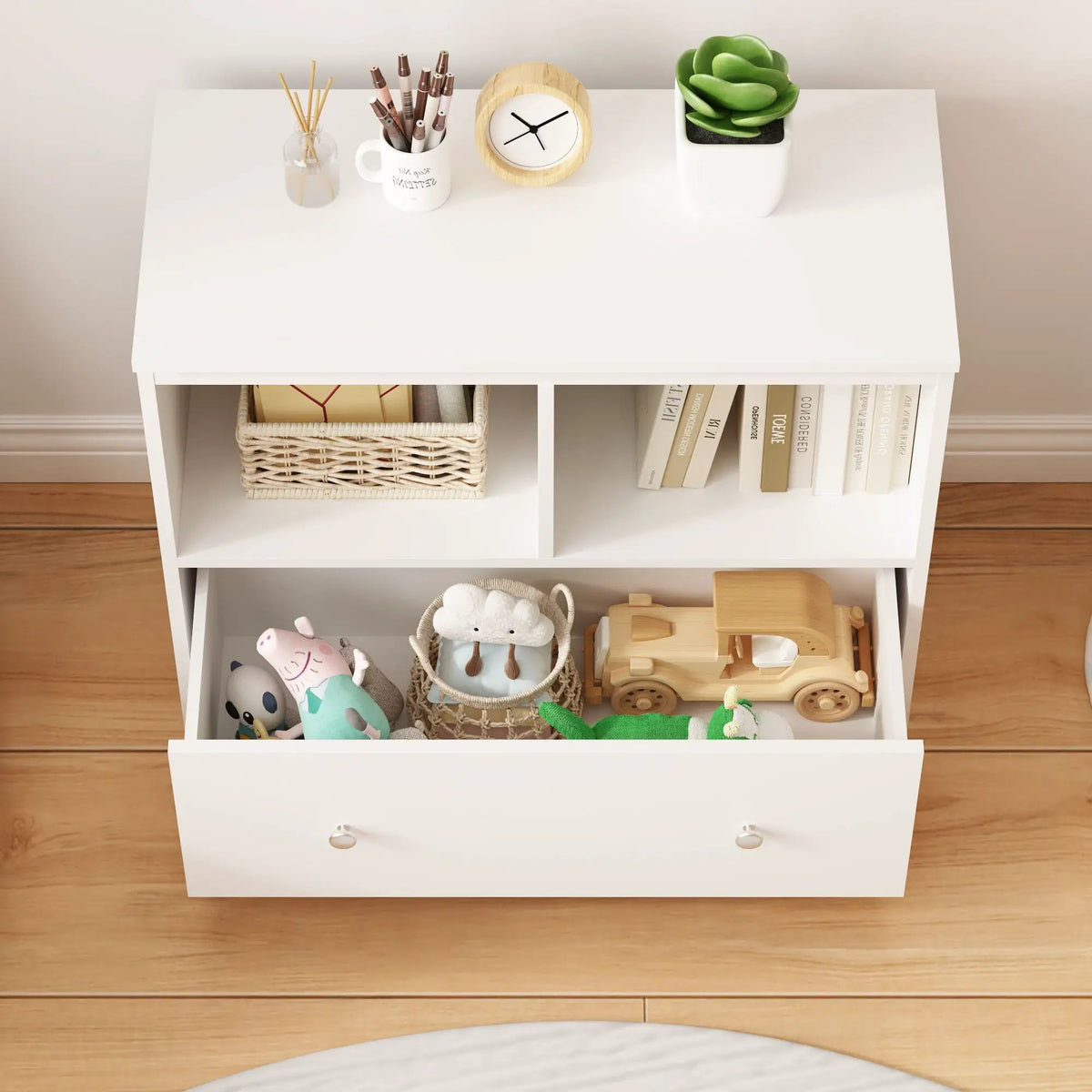 Toy Storage Organizer | 2 Open Shelves | Deep Drawer | White