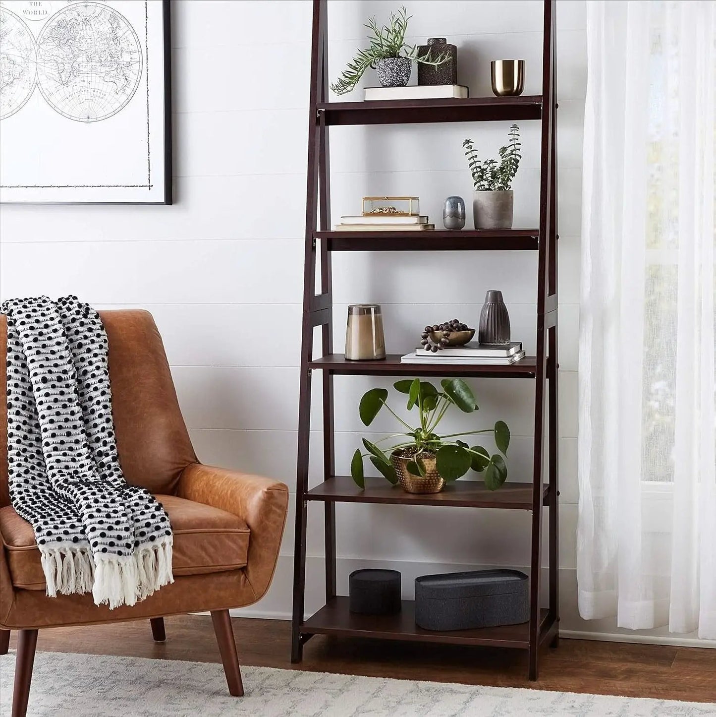 Ladder Bookshelf Organizer Espresso Rubberwood Frame 14 Inch Depth 70 Inch Tall from PriceLows™