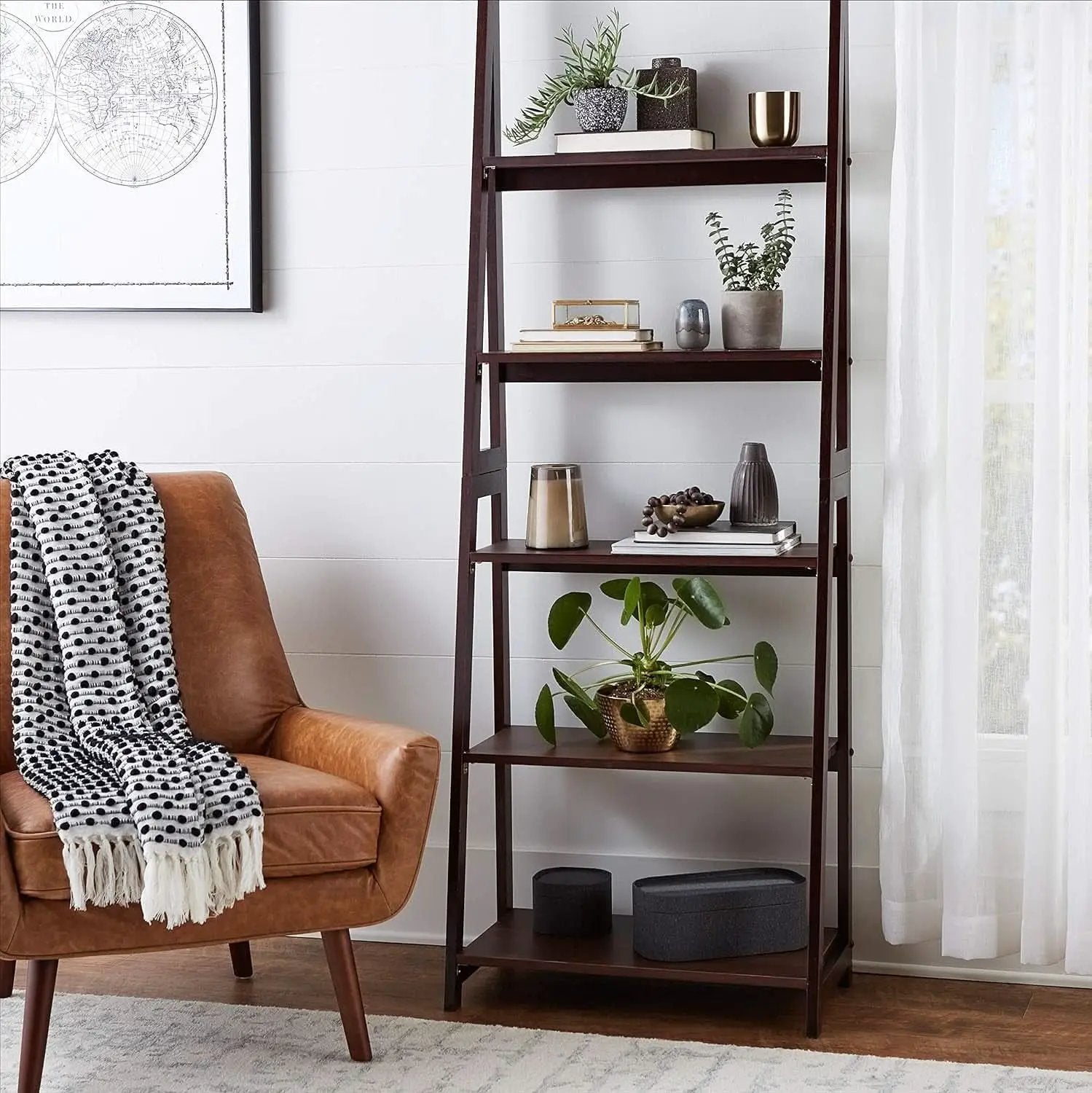 Ladder Bookshelf Organizer Espresso Rubberwood Frame 14 Inch Depth 70 Inch Tall from PriceLows™