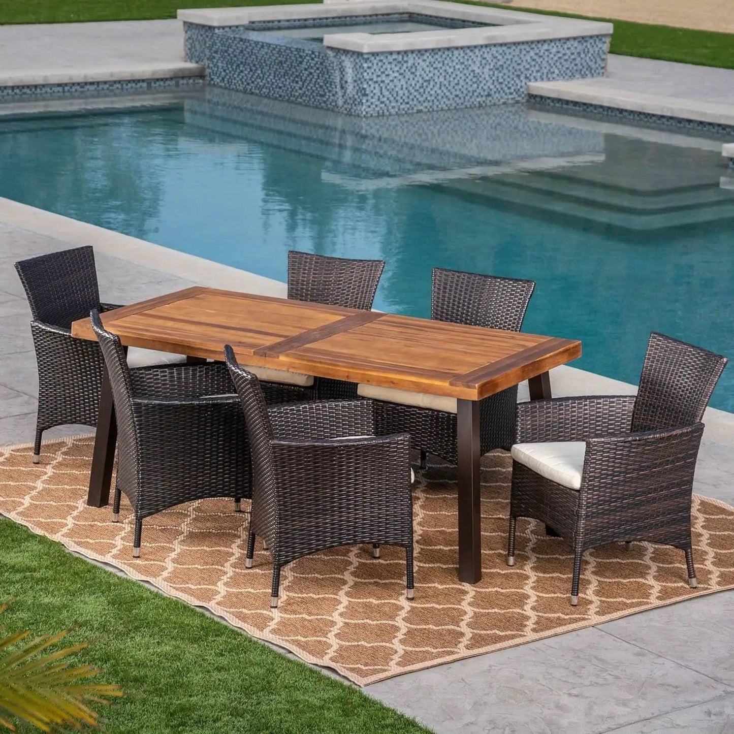 Outdoor 7 Piece Acacia Wood Wicker Dining Set Teak Finish from PriceLows™