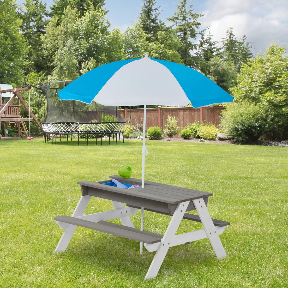 Kids Picnic Table With Umbrella | 3-In-1 Convertible Design | Natural Cedar Wood | Sand And Water Play