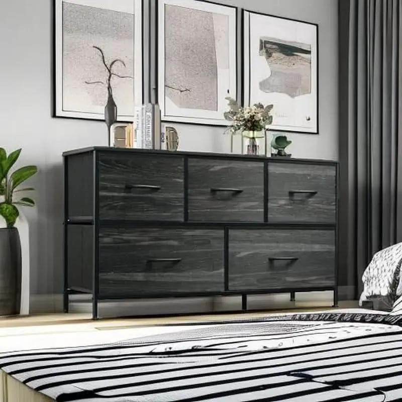 Charcoal Black Wood Grain Dresser With 5 Drawers And Fabric Bins from PriceLows™