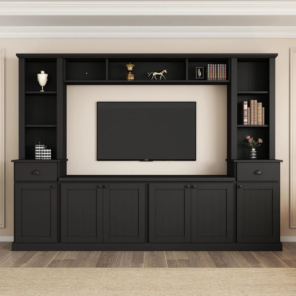 Minimalist Entertainment Wall Unit | Fits TVs Up To 75 Inch | Adjustable Bridge Height | Plank-Inspired Doors
