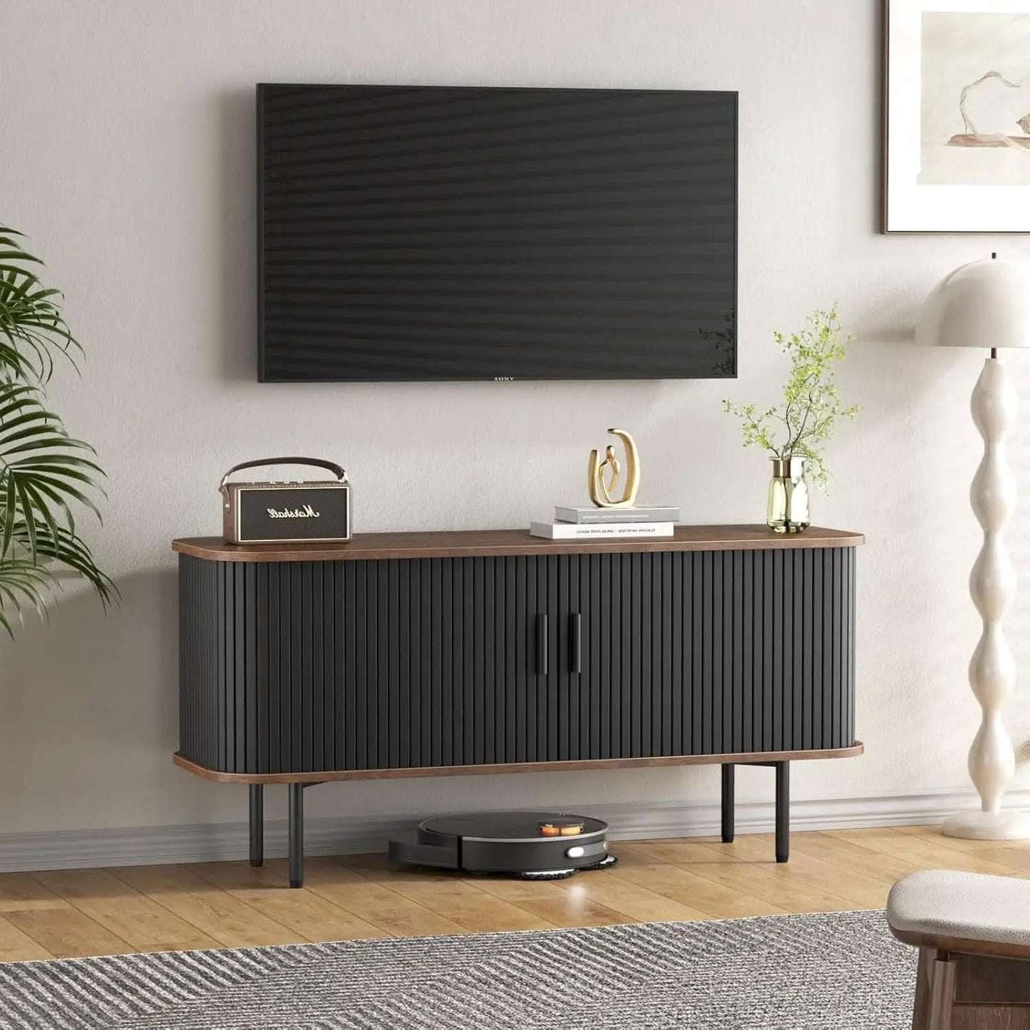 47 Inch Black TV Stand With Sliding Doors And Storage from PriceLows™