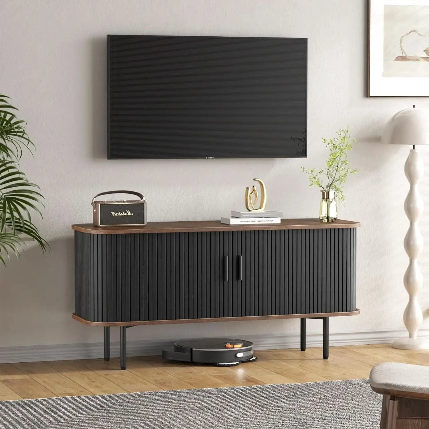 47 Inch Black TV Stand With Sliding Doors And Storage from PriceLows™