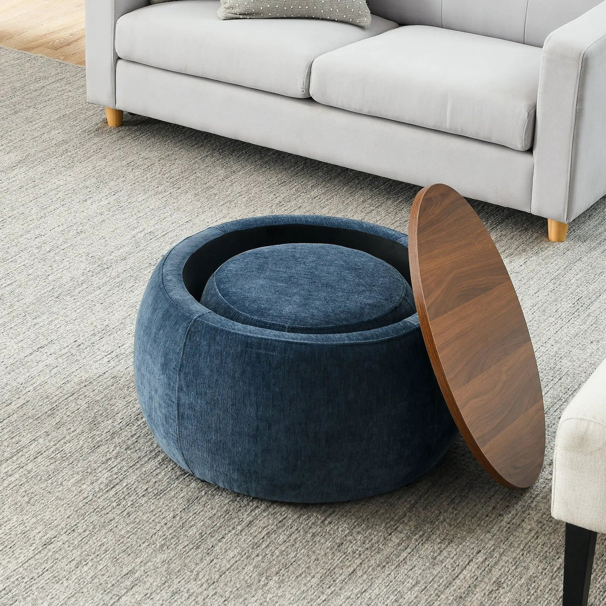 Round Storage Ottoman | Pleated Fabric | Removable Lid