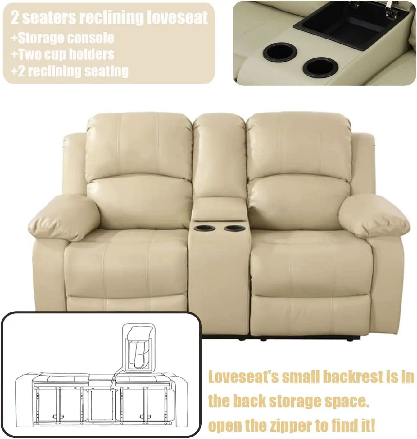 Beige Faux Leather Reclining Sofa Set With Storage Console from PriceLows™