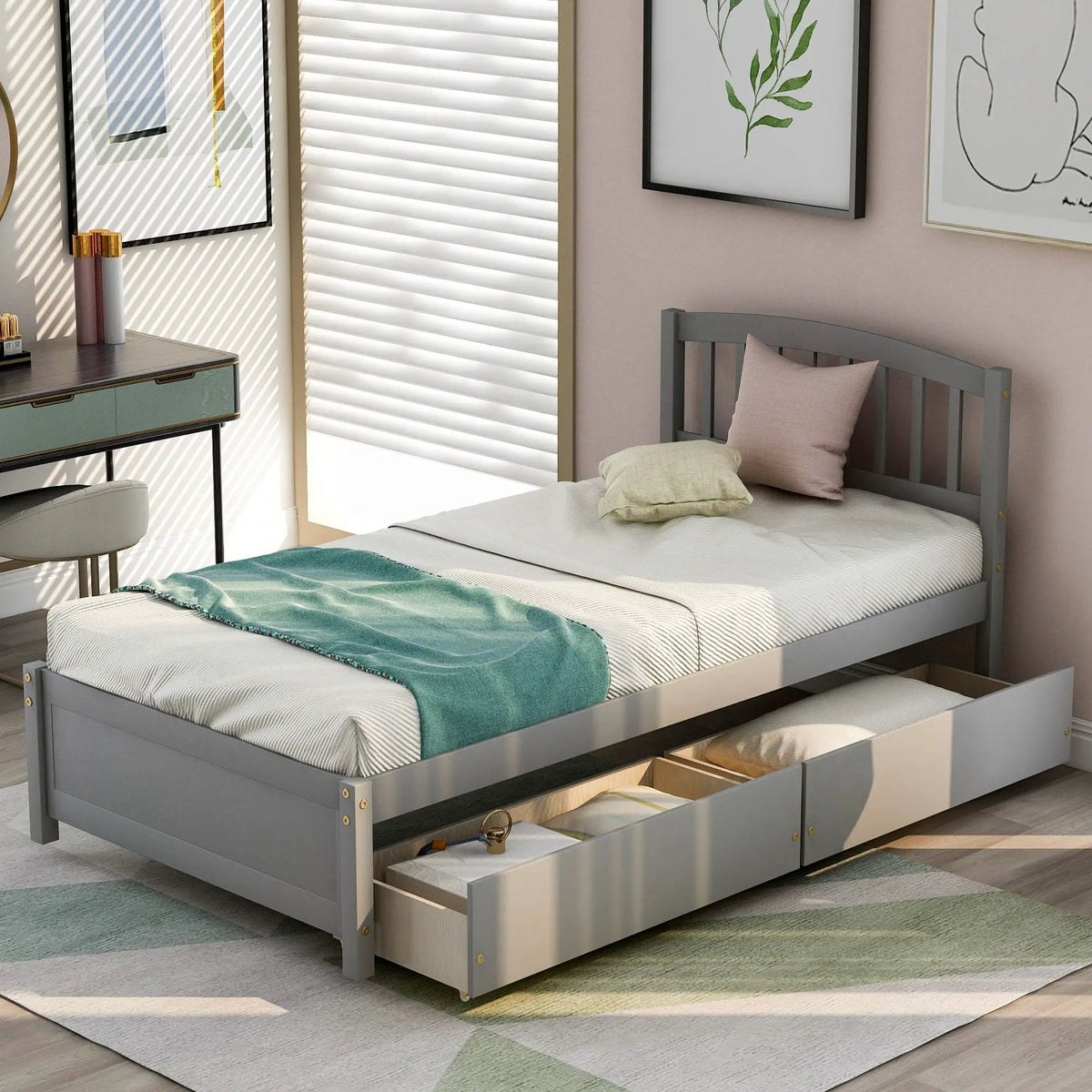 Platform Storage Bed | Wood Frame | Two Drawers | Headboard And Footboard