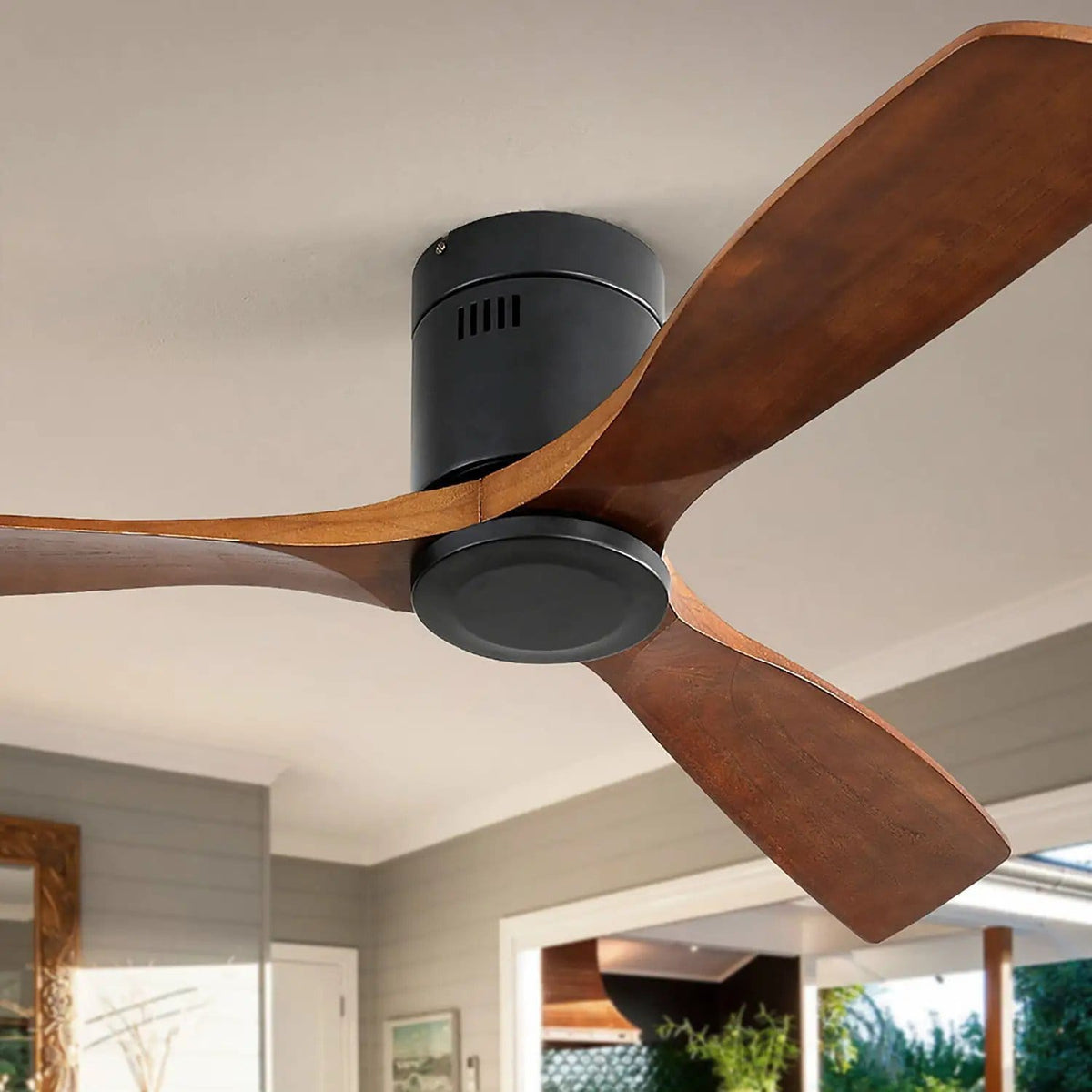 Ceiling Fan With 3 Solid Blades, Remote Controlled Reversible DC Motor - | 52 x 52 x 9.7 in | Solid Wood & Steel | Black