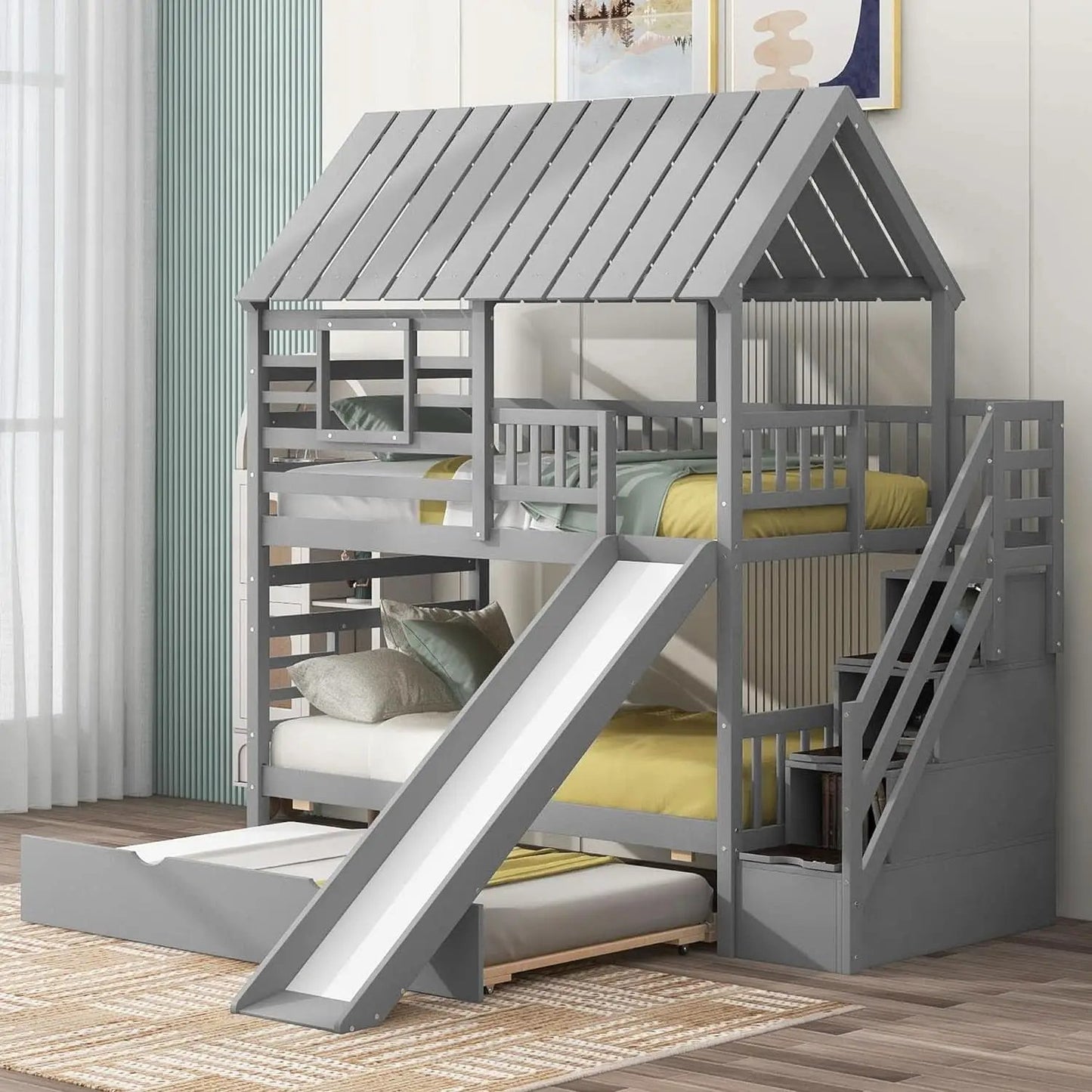 Twin Over Twin Bunk Bed With Slide For Kids Room Decor from PriceLows™