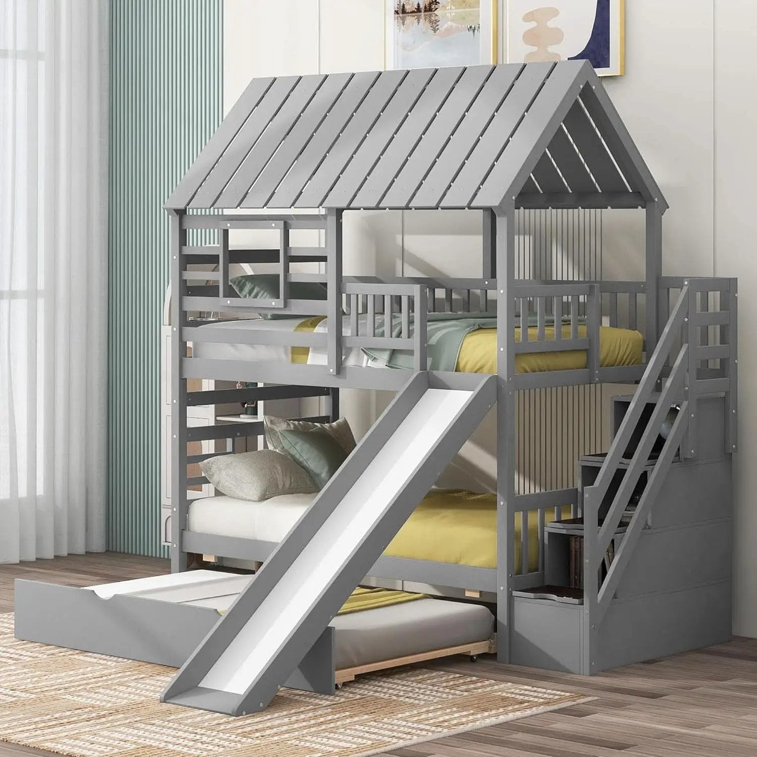 Twin Over Twin Bunk Bed With Slide For Kids Room Decor from PriceLows™
