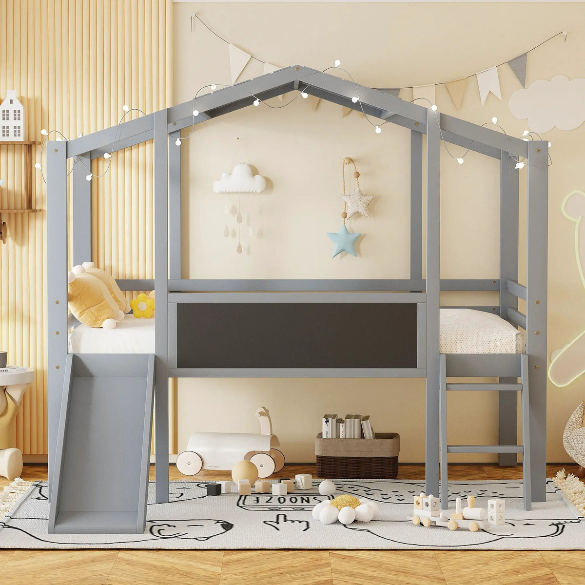 Loft House Bed | Ladder And Slide | Roof Light Strip | Safety Guardrail