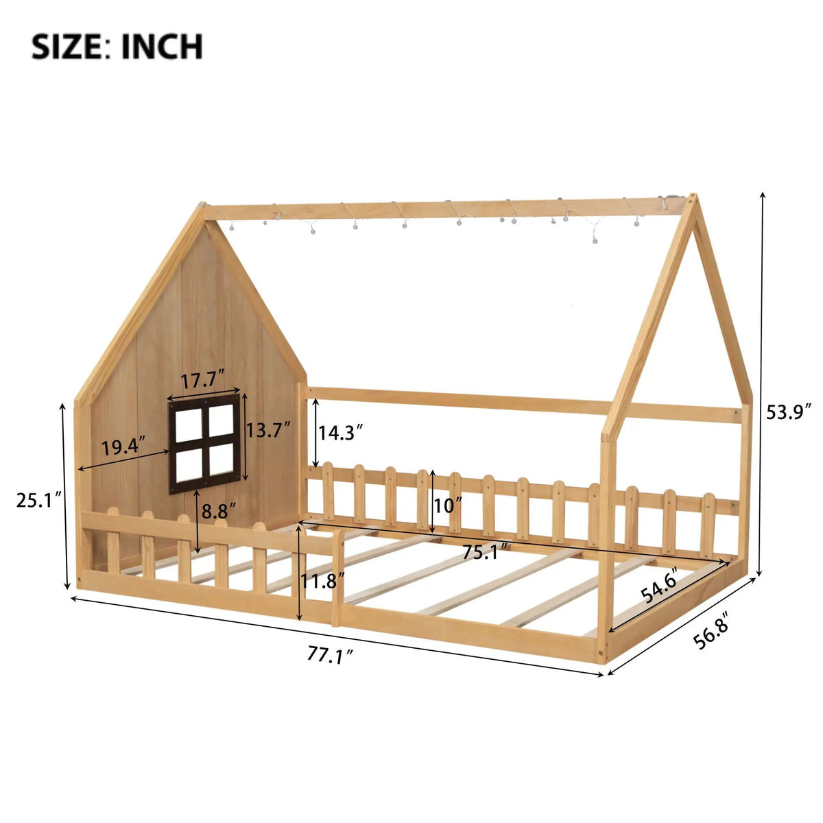 Platform House Bed | Window And Fence Design | Solid Pine Wood | Built-In LED Light
