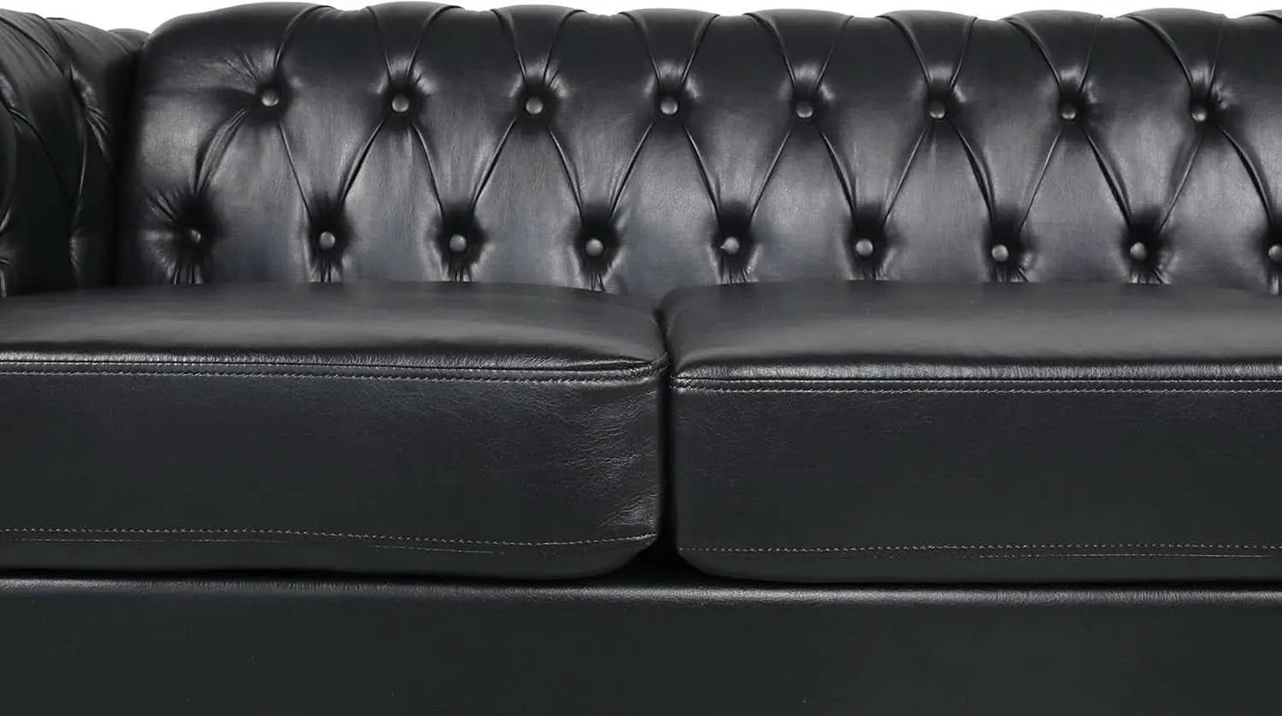 3 Seater PU Chesterfield Sofa Black Tufted Nailhead Trim from PriceLows™