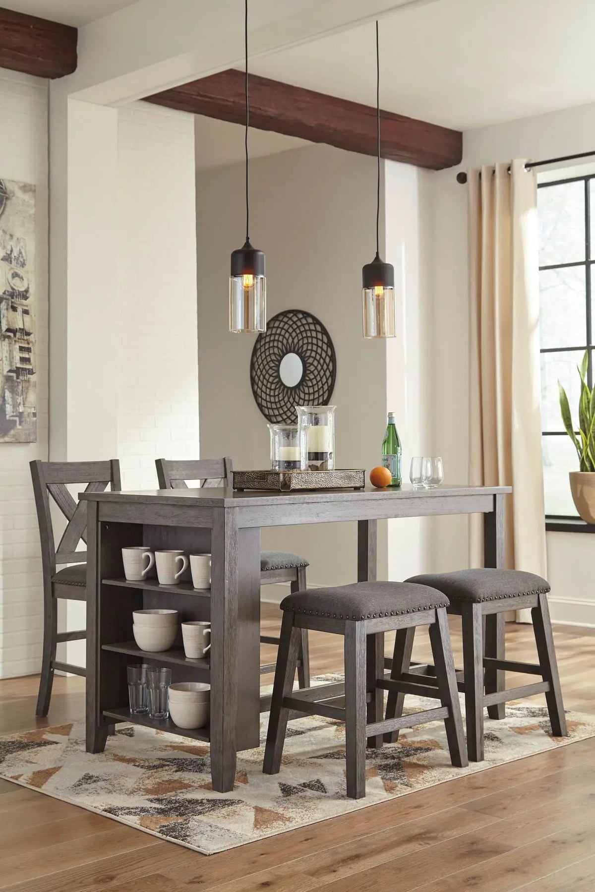 Caitbrook Counter Table Set | 5-Piece Rectangular | Acacia Veneer And Solids | Antiqued Finish