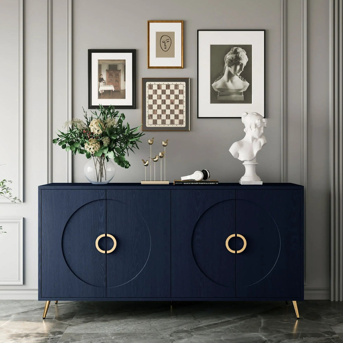 Lacquered 4 Door Sideboard Buffet | Matte Navy Finish | Solid Wood Veneer | Metal Legs