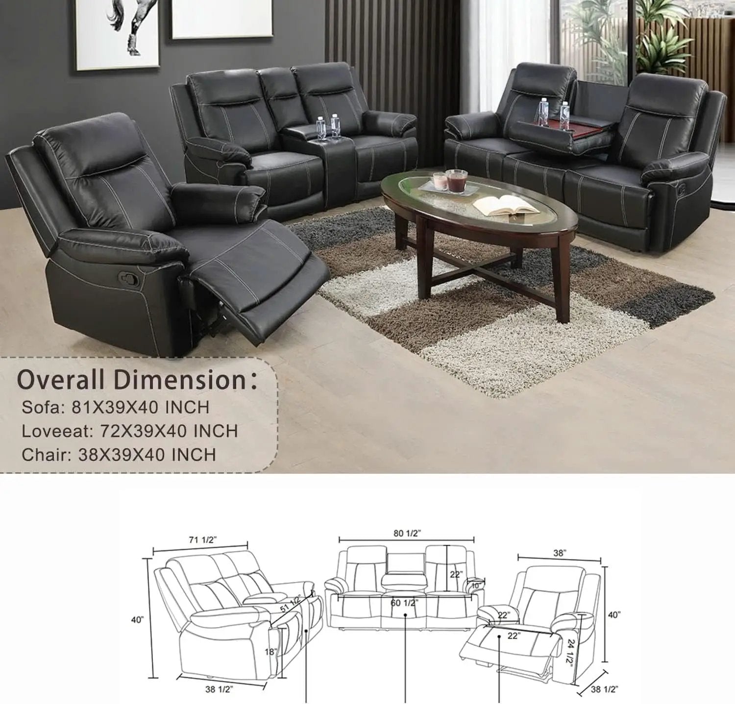 Manual Recliner Sofa Set Black Bonded Leather Cup Holders from PriceLows™