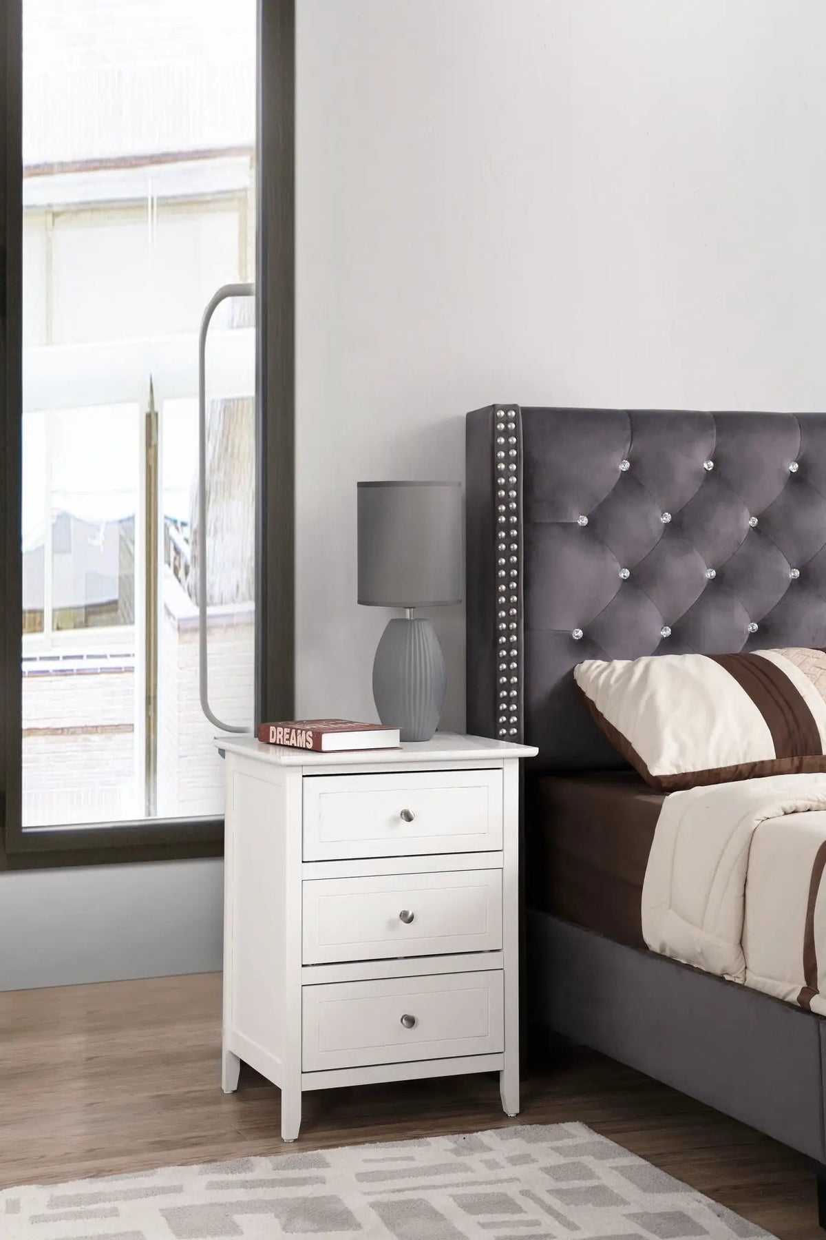 Nightstand | 3 Drawer | Real Wood Veneer | Nickel Hardware