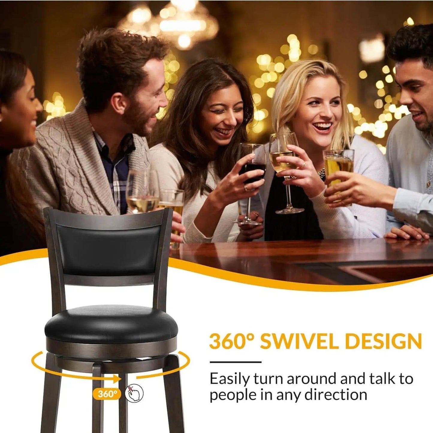 Swivel Bar Stools Set of 2 Black Faux Leather 34 Inch from PriceLows™