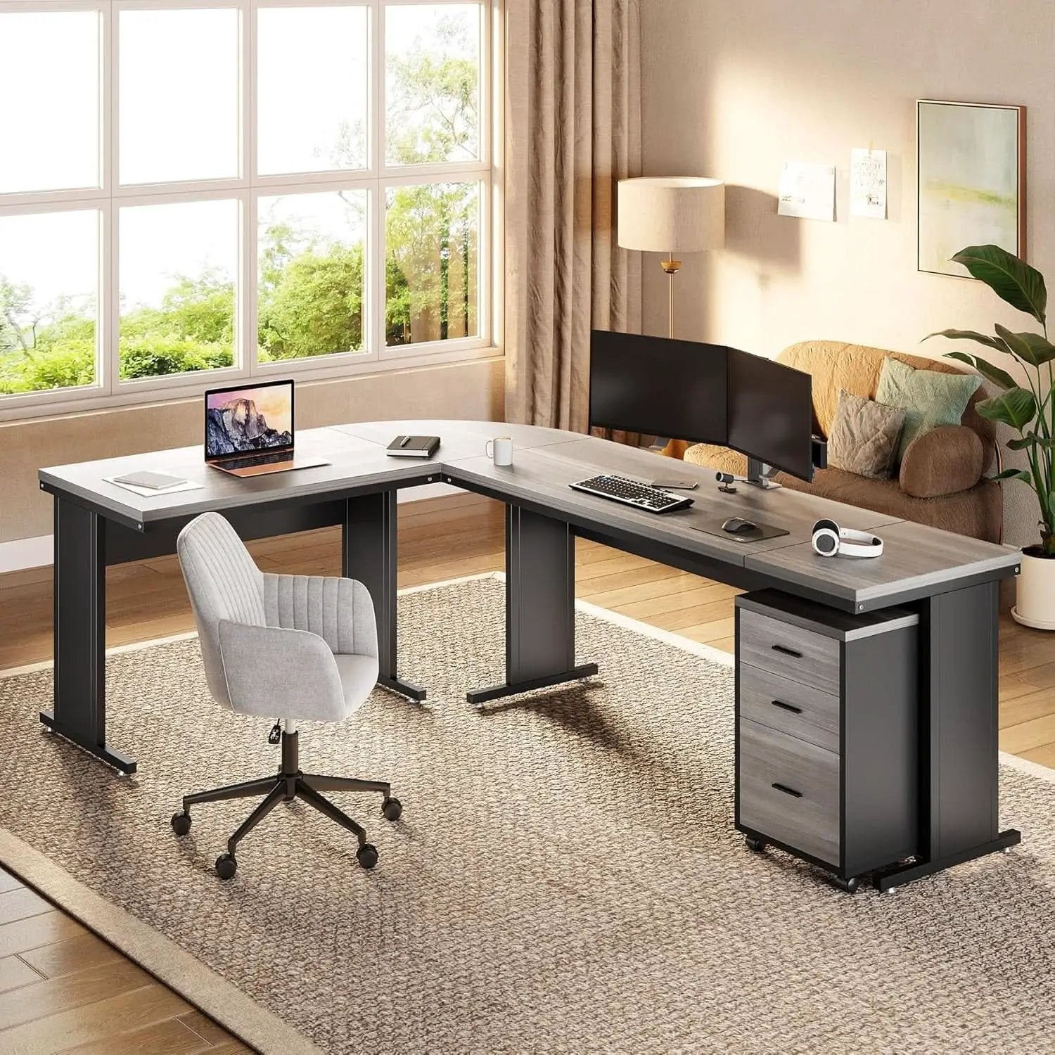 83in Gray Farmhouse L Shaped Desk With Mobile File Cabinet from PriceLows™
