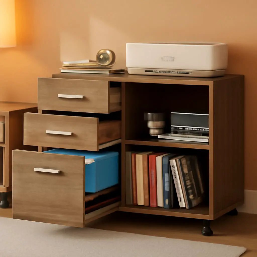 Three Drawer Mobile File Cabinet In Gray Oak With Open Shelves Printer Stand For Home Office from PriceLows™