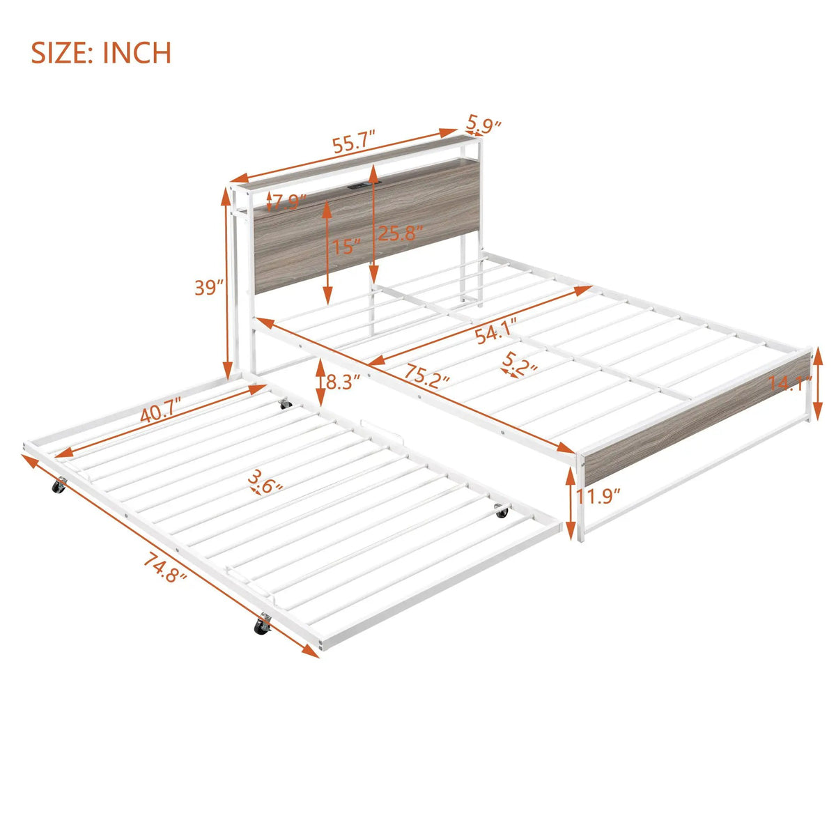Platform Bed Frame With Trundle | USB Ports | Slat Support | Metal And Wood Build