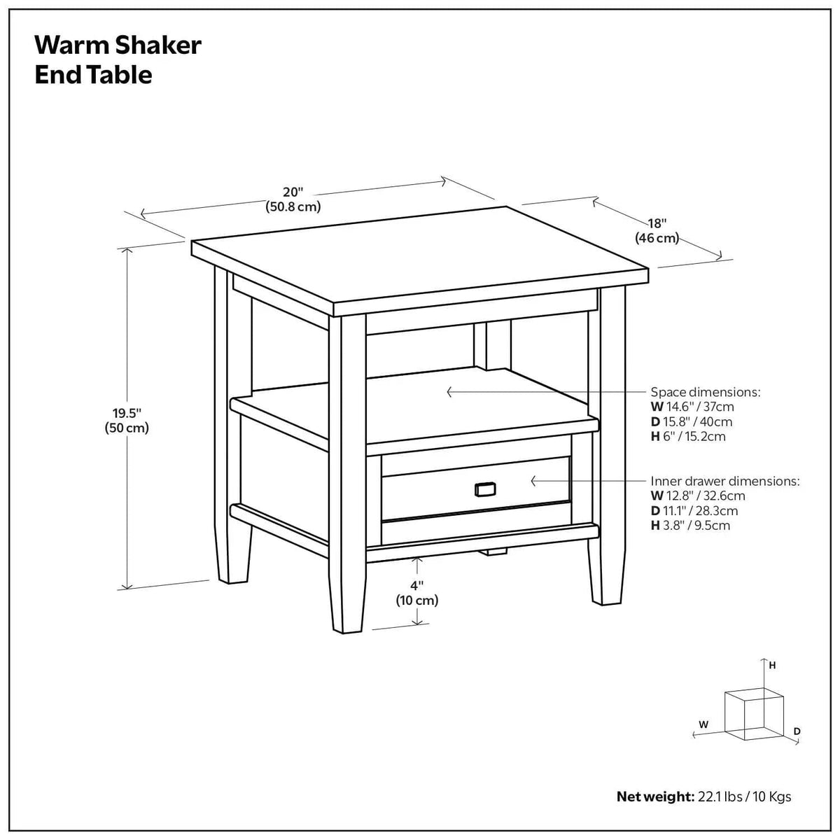 Warm Shaker End Table | 20 x 18.1 x 19.7 in | Solid Wood & Metal | Living Room