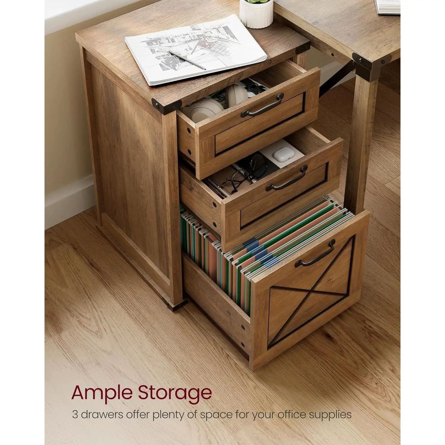 3 Drawer Farmhouse Filing Cabinet With Printer Stand For Home Office Storage Woodgrain Finish from PriceLows™