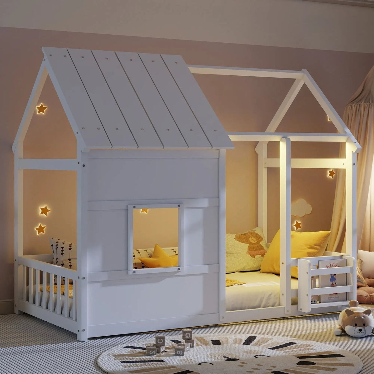 House Floor Bed | 7 Color LED Lights | Built In Bookshelf