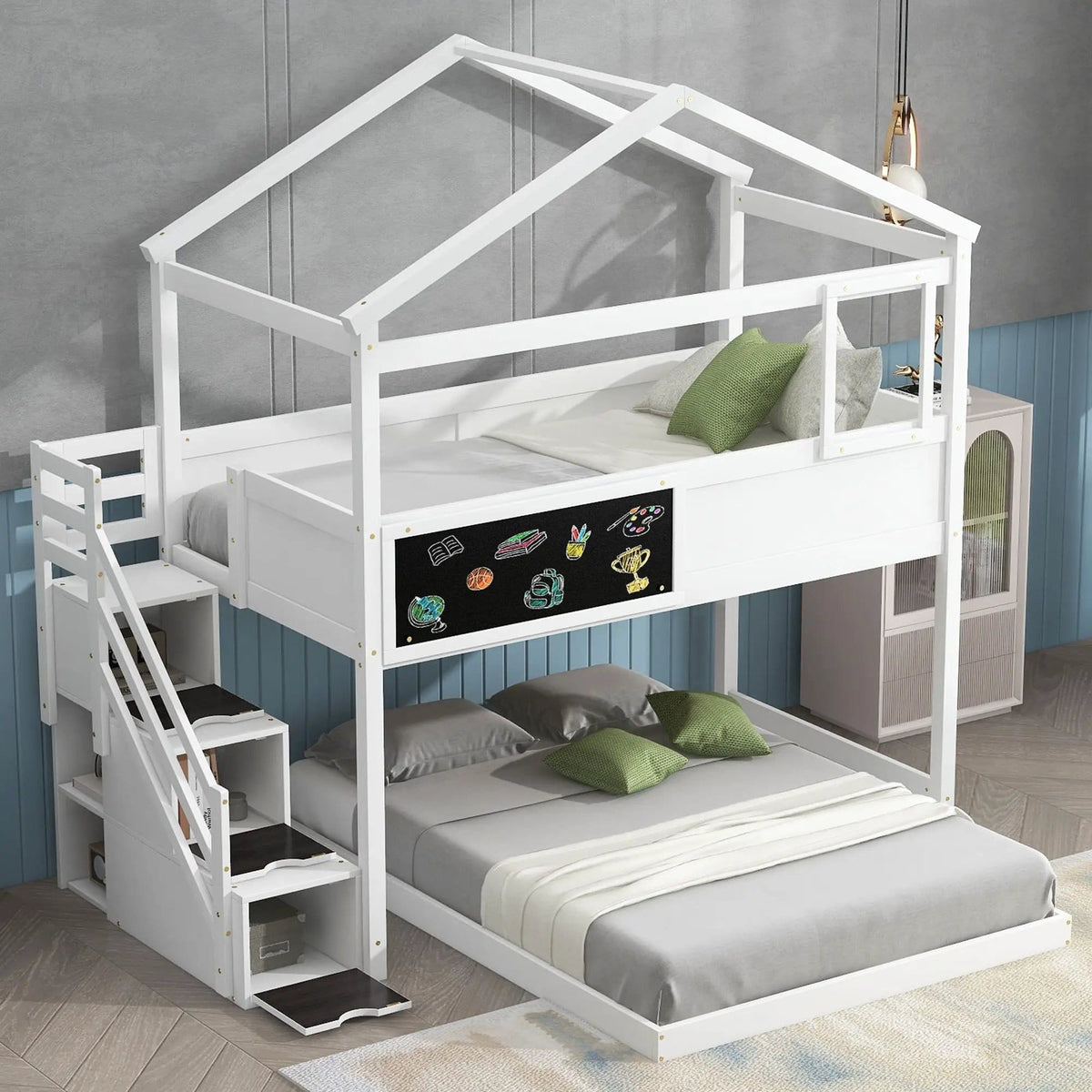 House Style Bunk Bed With Storage Staircase And board | 2 Pieces | Pine Wood | Bedroom