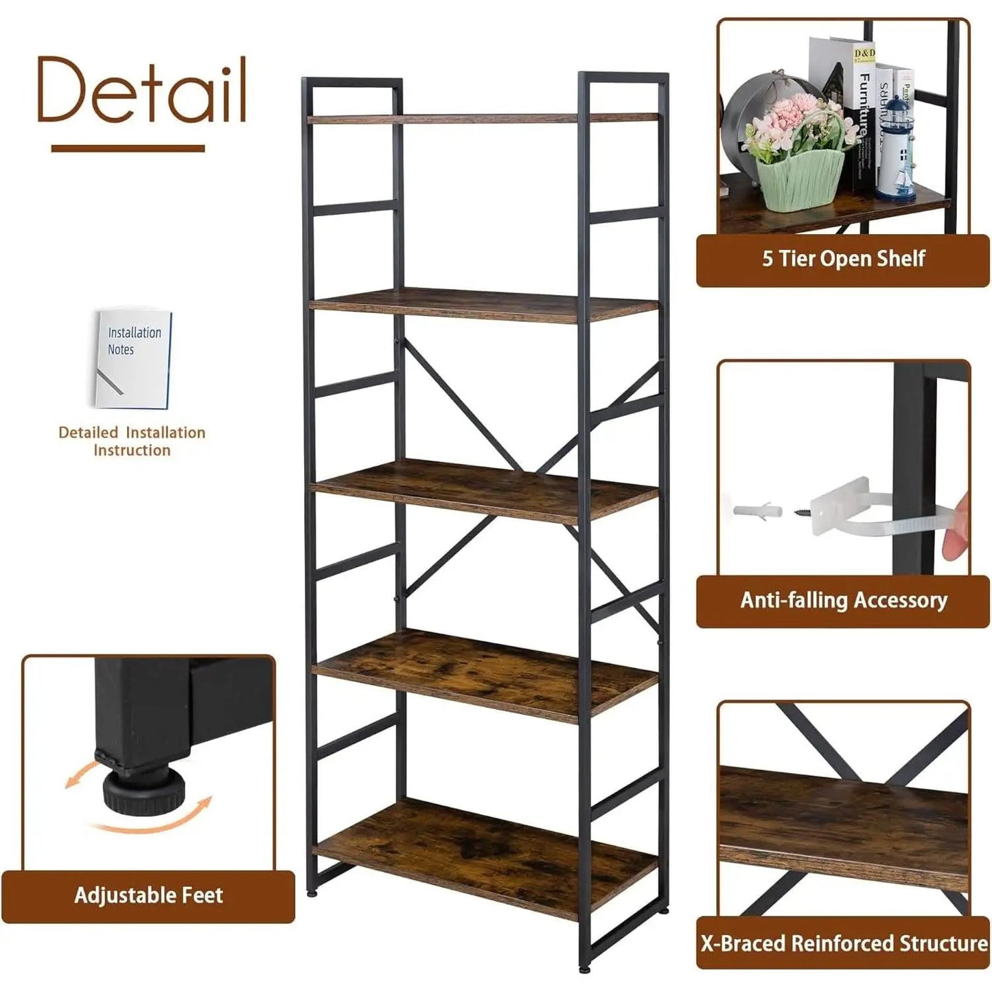 Pair Of 5 Shelf Bookcases Rustic Brown Industrial Tall from PriceLows™