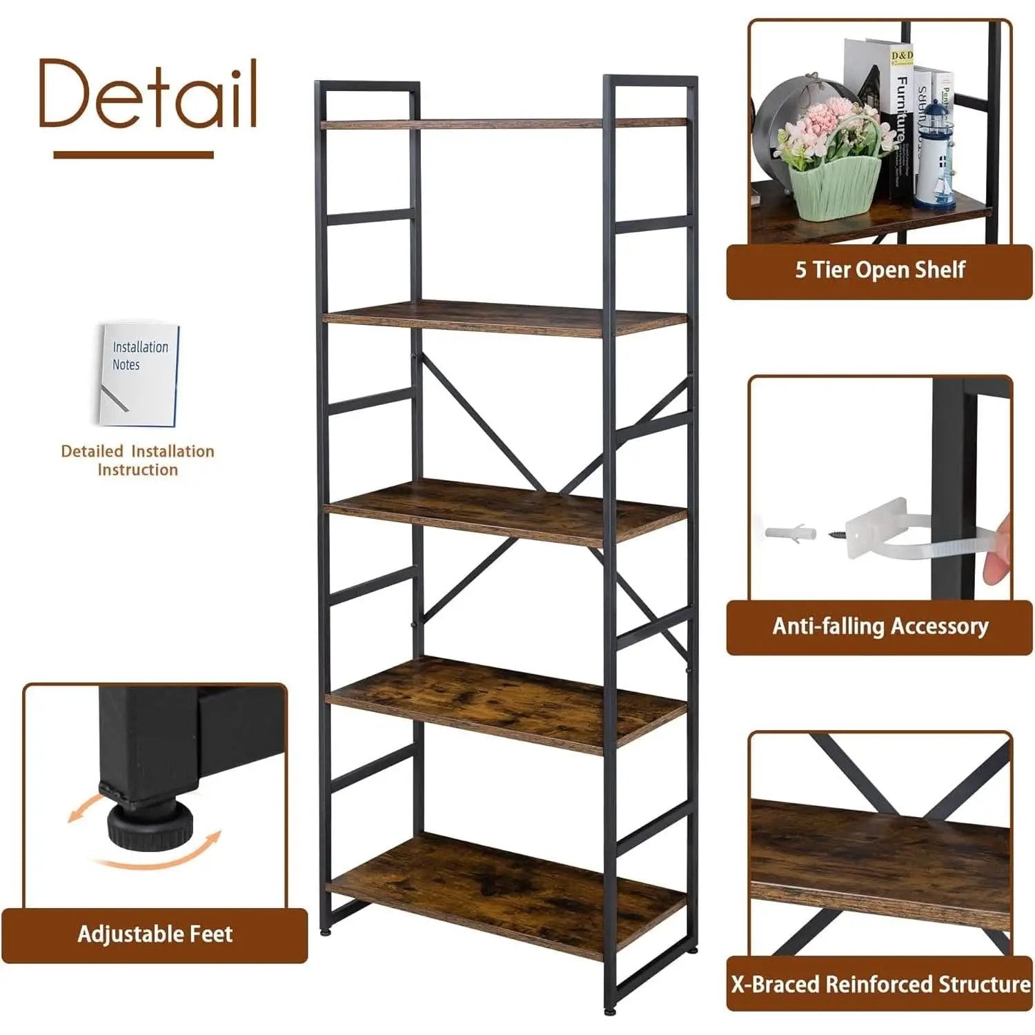 Pair Of 5 Shelf Bookcases Rustic Brown Industrial Tall from PriceLows™