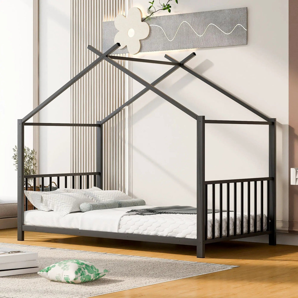 Metal House Platform Bed With Modern Design And Durable Frame | 77.5 x 40.5 x 63.8 in | Metal | Bedroom