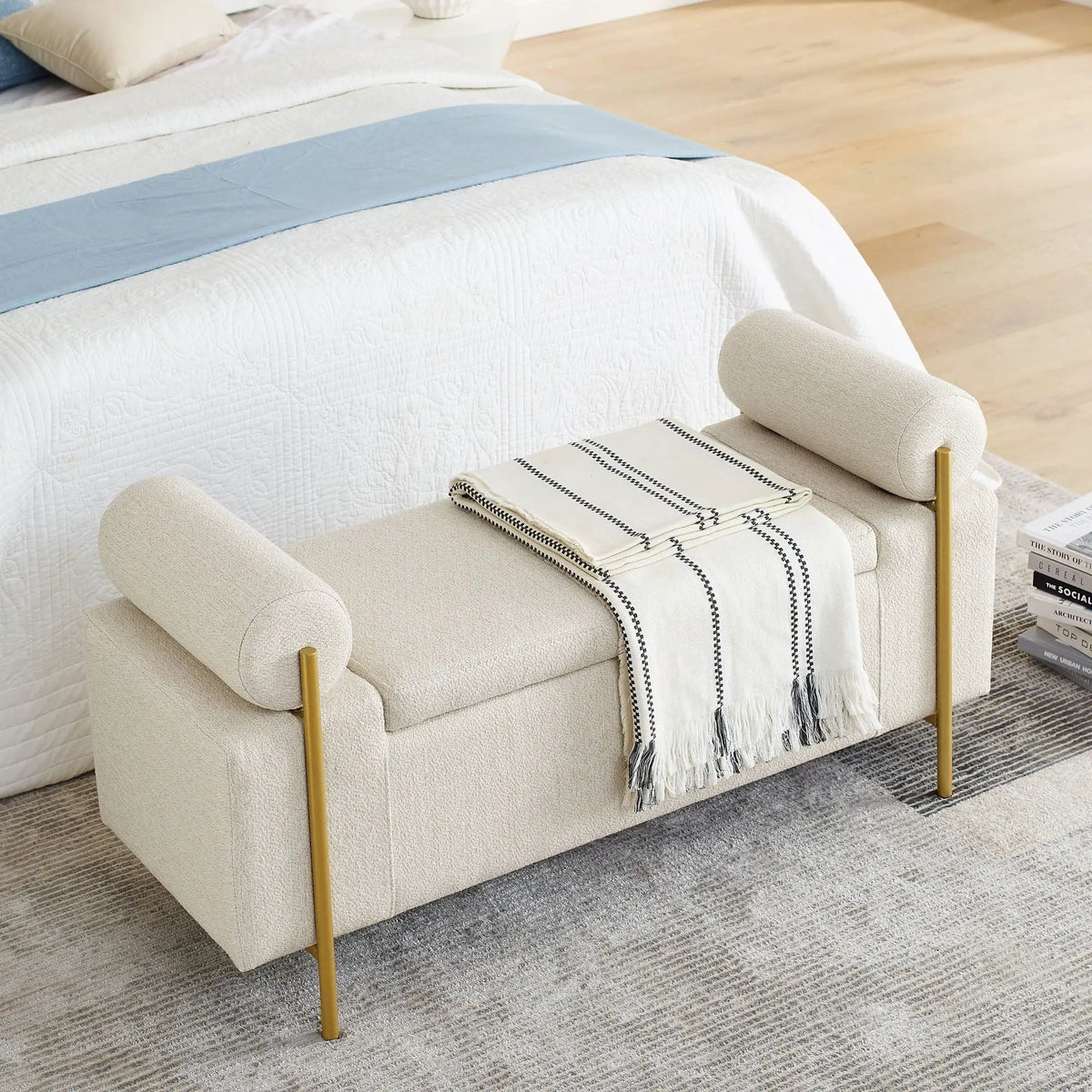 Upholstered Storage Bench | Cylindrical Arms | Iron Legs