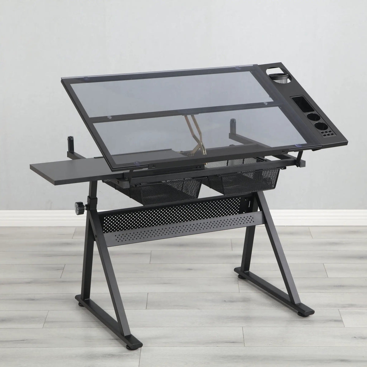 Tempered Glass Drafting Table | Adjustable Tilt 0 To 75 Degrees | Two Metal Drawers | Chair Included