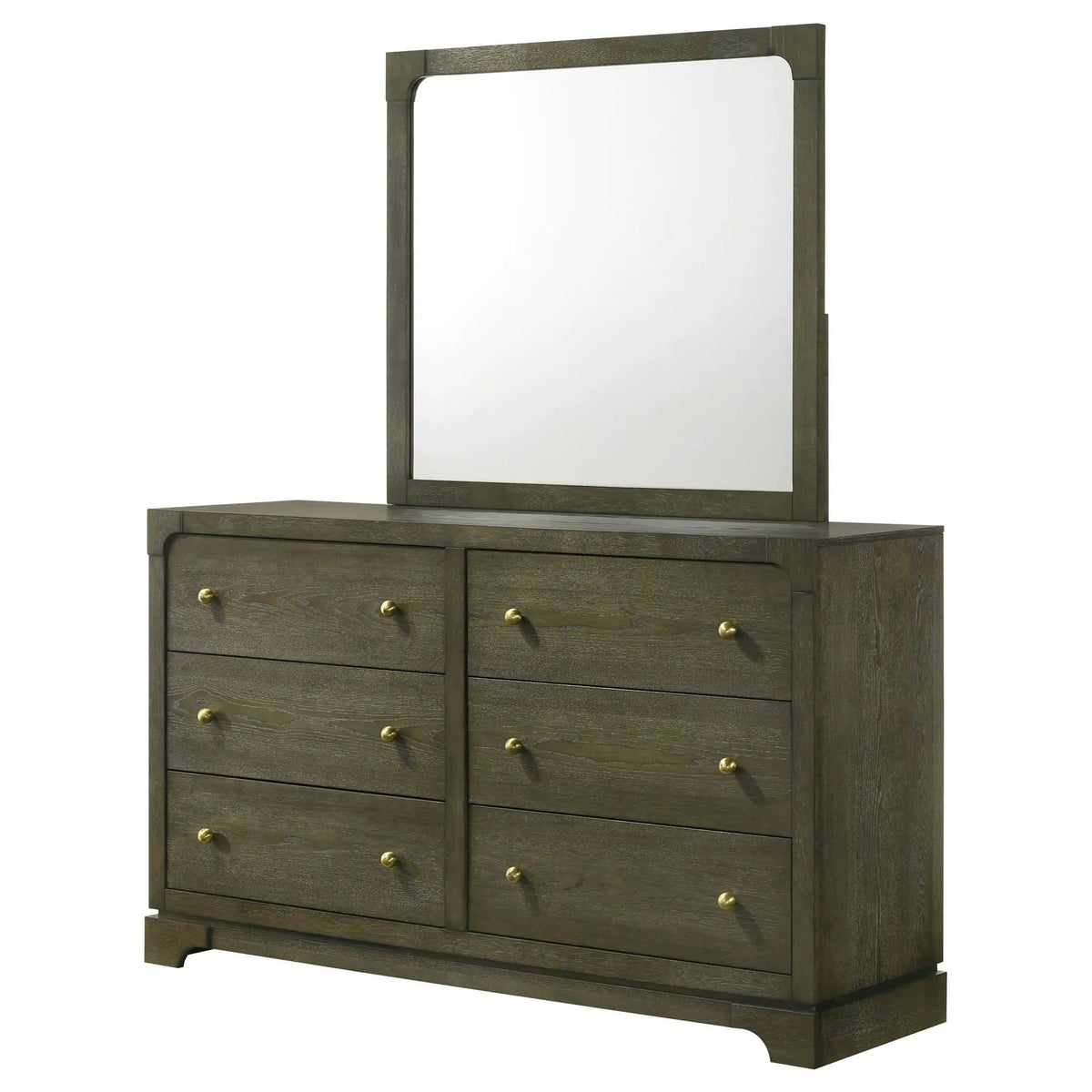 Gran Park 6-drawer Dresser and Mirror Dark Cocoa | 61 x 18.25 x 72.75 in | Veneer & Brass | Bedroom