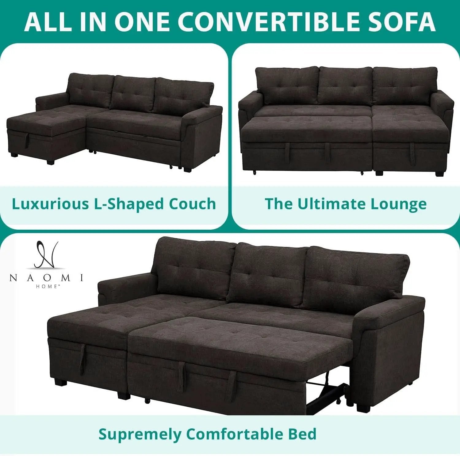 Espresso Velvet Sleeper Sectional Sofa Bed Chaise Set from PriceLows™