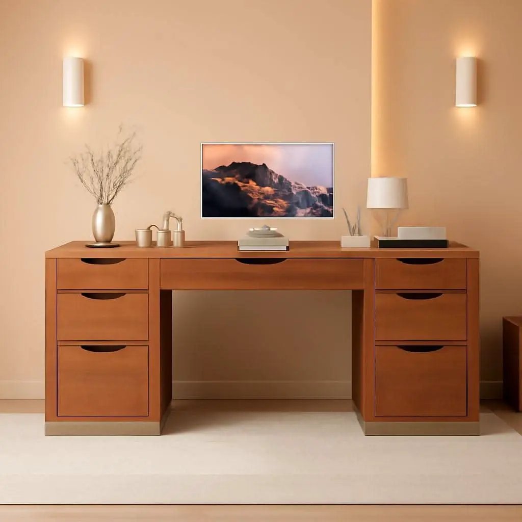 54 Inch Walnut Finish Executive Desk With Seven Drawers from PriceLows™